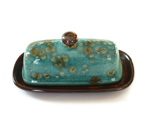 Butter Dish - Teal Blue And Brown